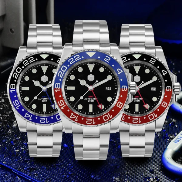 San Martin Luxury Men Mechanical Watches GMT Business Self Winding Wrist Watch Sapphire Waterproof 200m Date Full Luminous