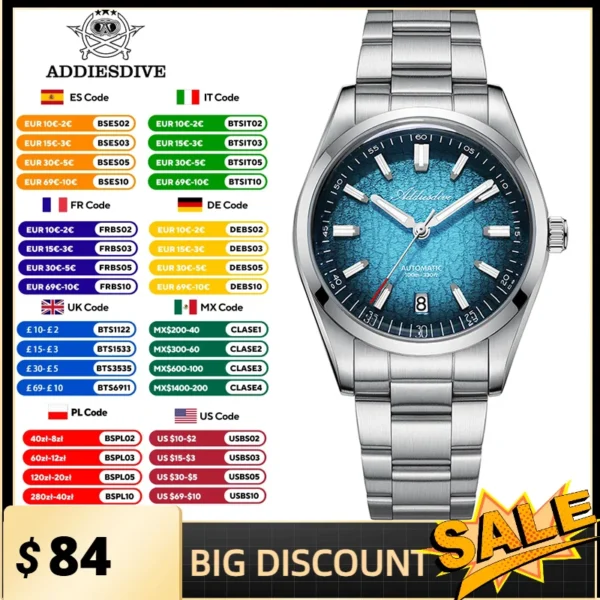 ADDIESDIVE Luxury Automatic Mechanical Watch NH35A Movement 316L Stainless Steel BGW9 Luminous 100M Water Resistant Bubble Glass