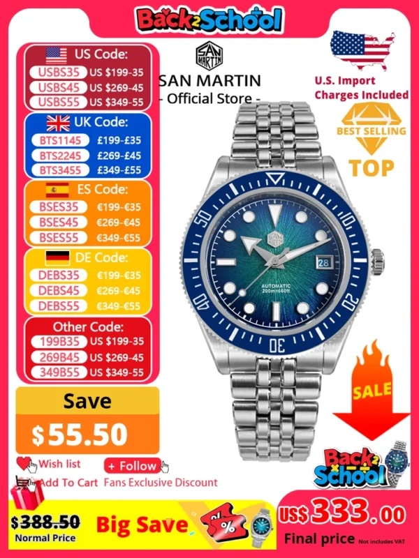 San Martin 40mm Men's Luxury Diver Watch Miyota 9015 Enamel Sunburst Dial Automatic Mechanical Wristwatch Waterproof 200m SN0148